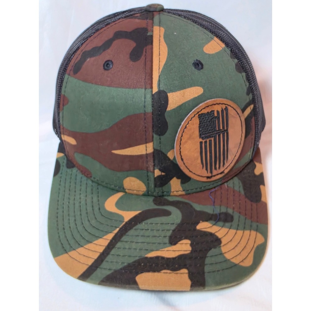Yupoong The Classics Mens‎ Camo Trucker Hat Leather American Flag Patch Snapback